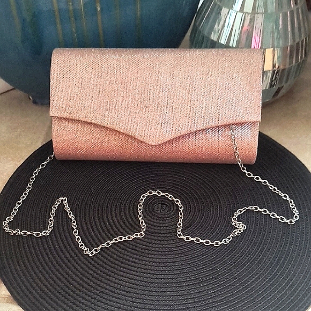 Glamorous Rose Gold Sparkle Clutch with Chain